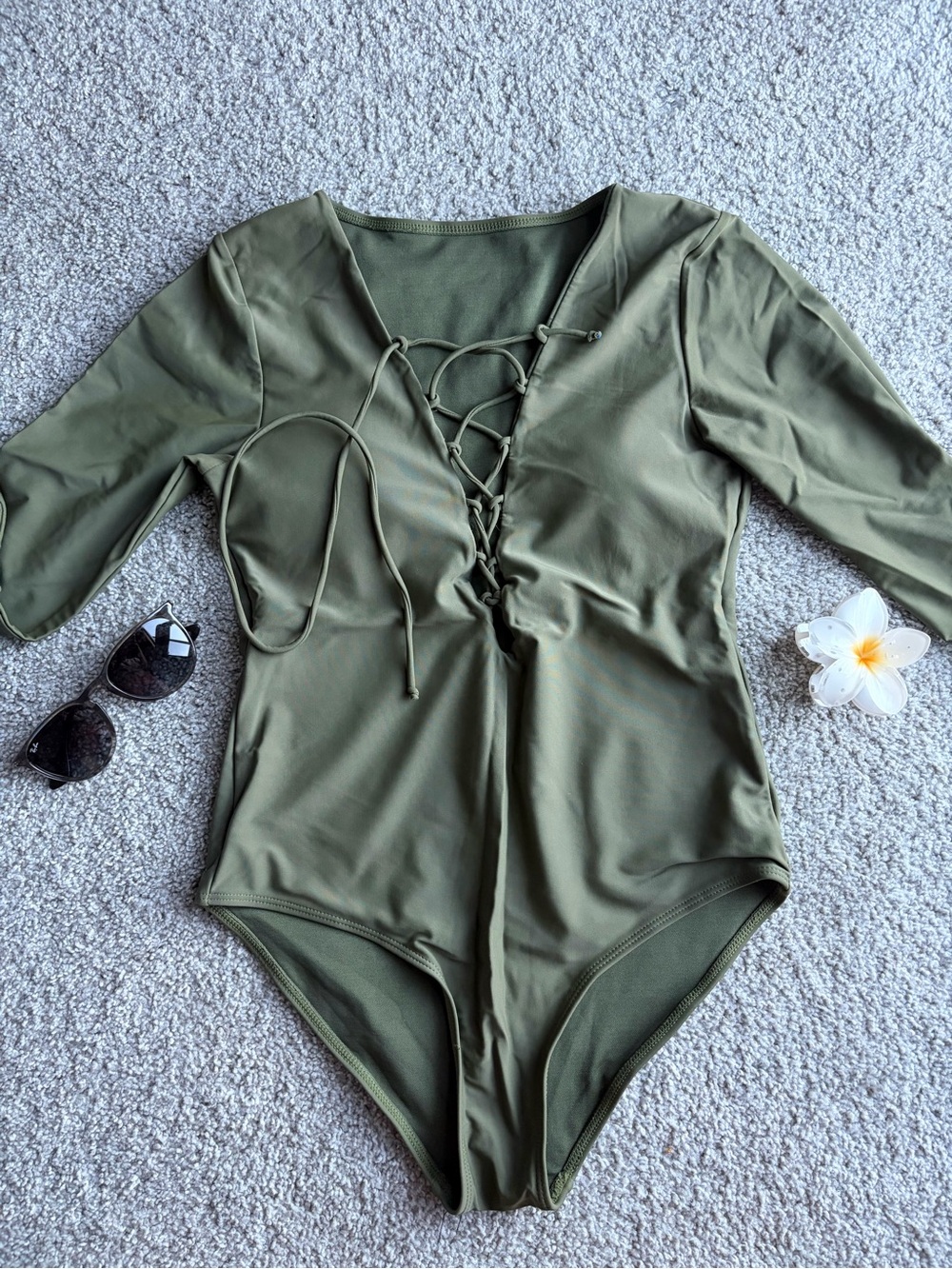 Olive Green Lace-Up Kids One-Piece Swimwear